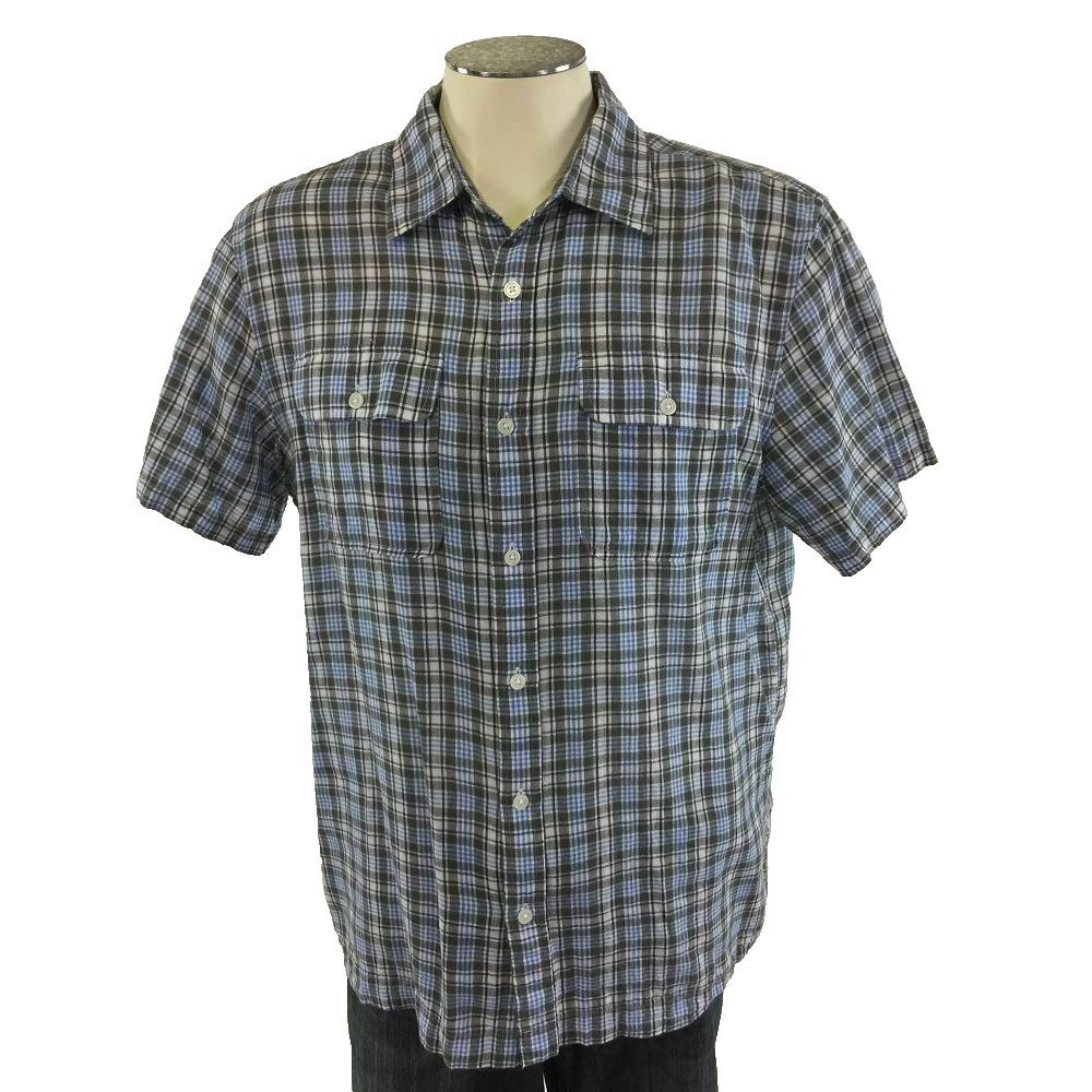 Michael Kors Button Front Shirt L Linen Blend Short Sleeve Blue Gray White Plaid